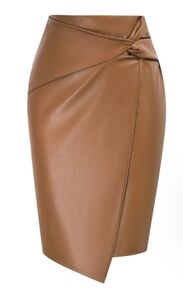 Kate Kasin PU Leather Pencil Skirt Knee Length Knot-Front Hips-Wrapped Skirt